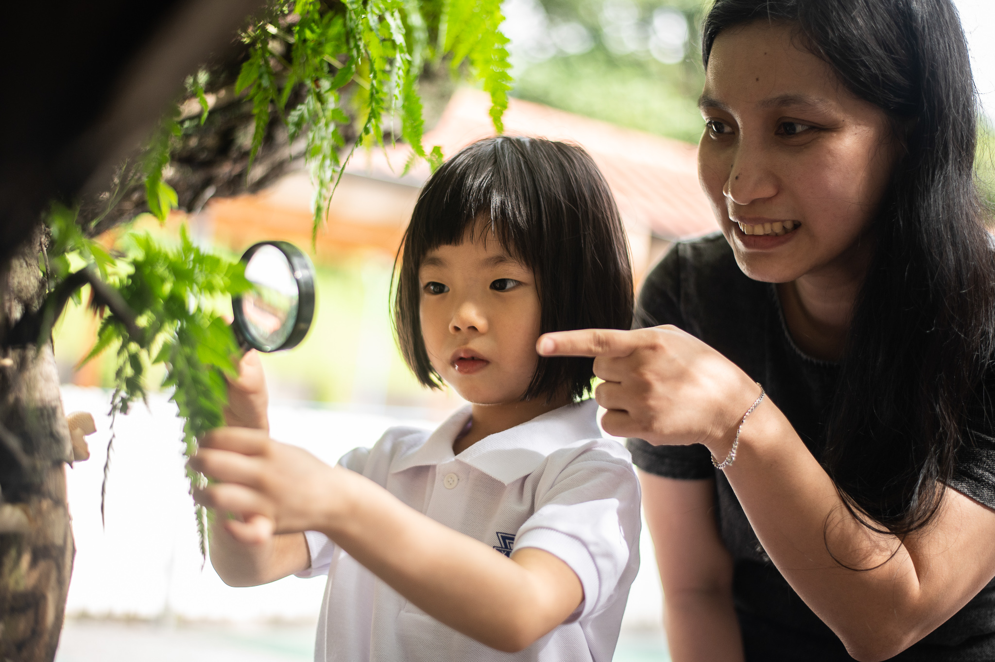 child and teacher looking at ferns through a magnifying glass